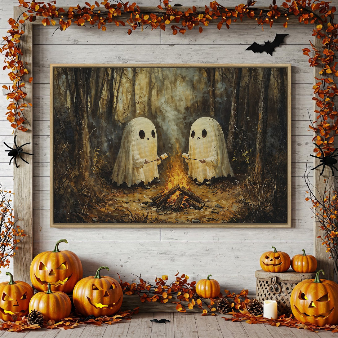 Framed Wall Art: Spooky ghosts roasting marshmallows by a campfire in a dark forest, perfect for Halloween decor. Warm, earthy tones.
