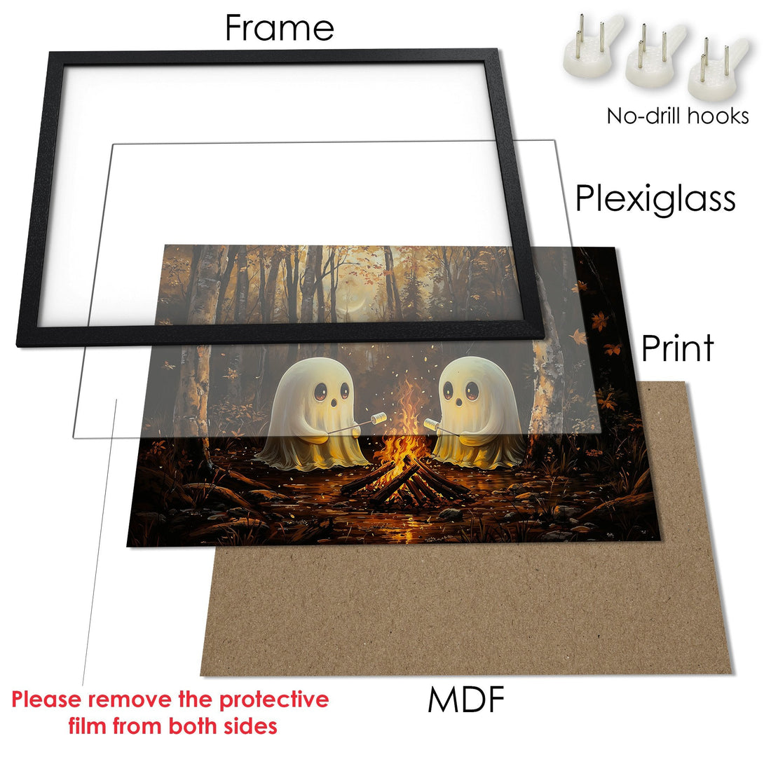 Framed Poster featuring adorable ghost characters roasting marshmallows by a campfire in a warm, autumnal color palette. Perfect wall art!