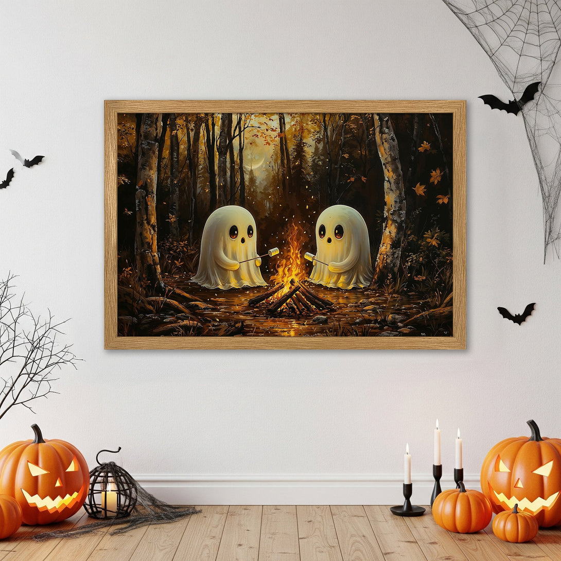 Framed Poster featuring cute ghosts roasting marshmallows by a campfire in a forest, warm autumn color palette, perfect Halloween decor.