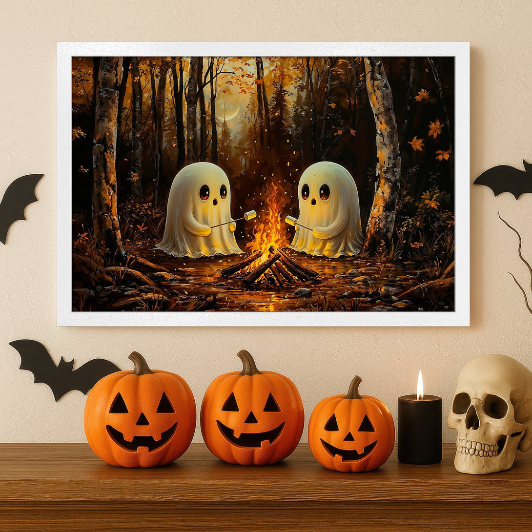 Framed Poster featuring cute ghosts roasting marshmallows by a campfire in a warm, autumn color palette. Perfect Halloween decor!