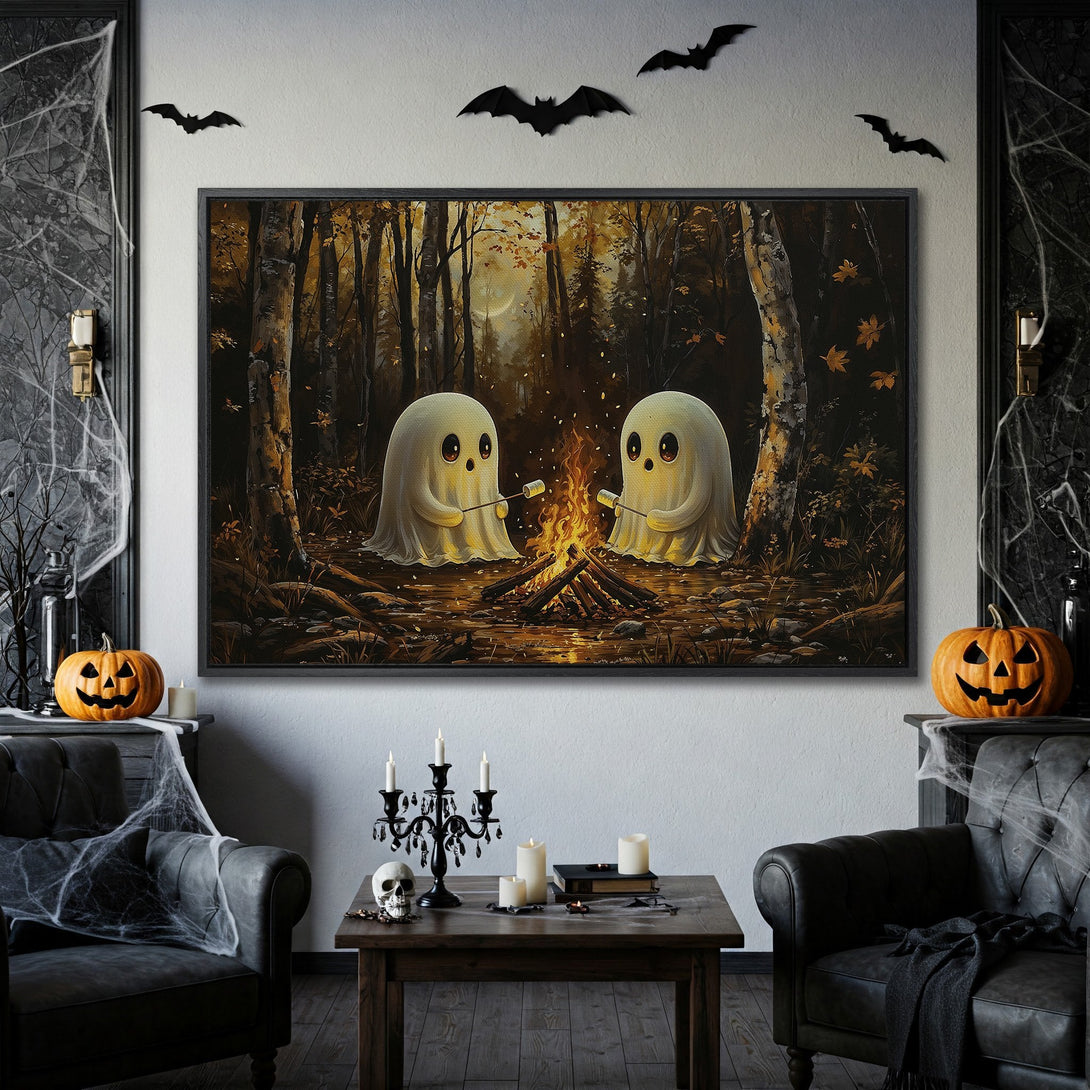 Framed Wall Art featuring cute ghosts roasting marshmallows in a forest, warm autumnal tones. Perfect Halloween decor for your home!