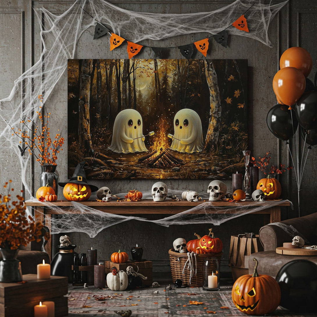 Framed Wall Art: Spooky Halloween scene with cute ghosts roasting marshmallows. Warm, autumnal color palette. Perfect for seasonal decor.