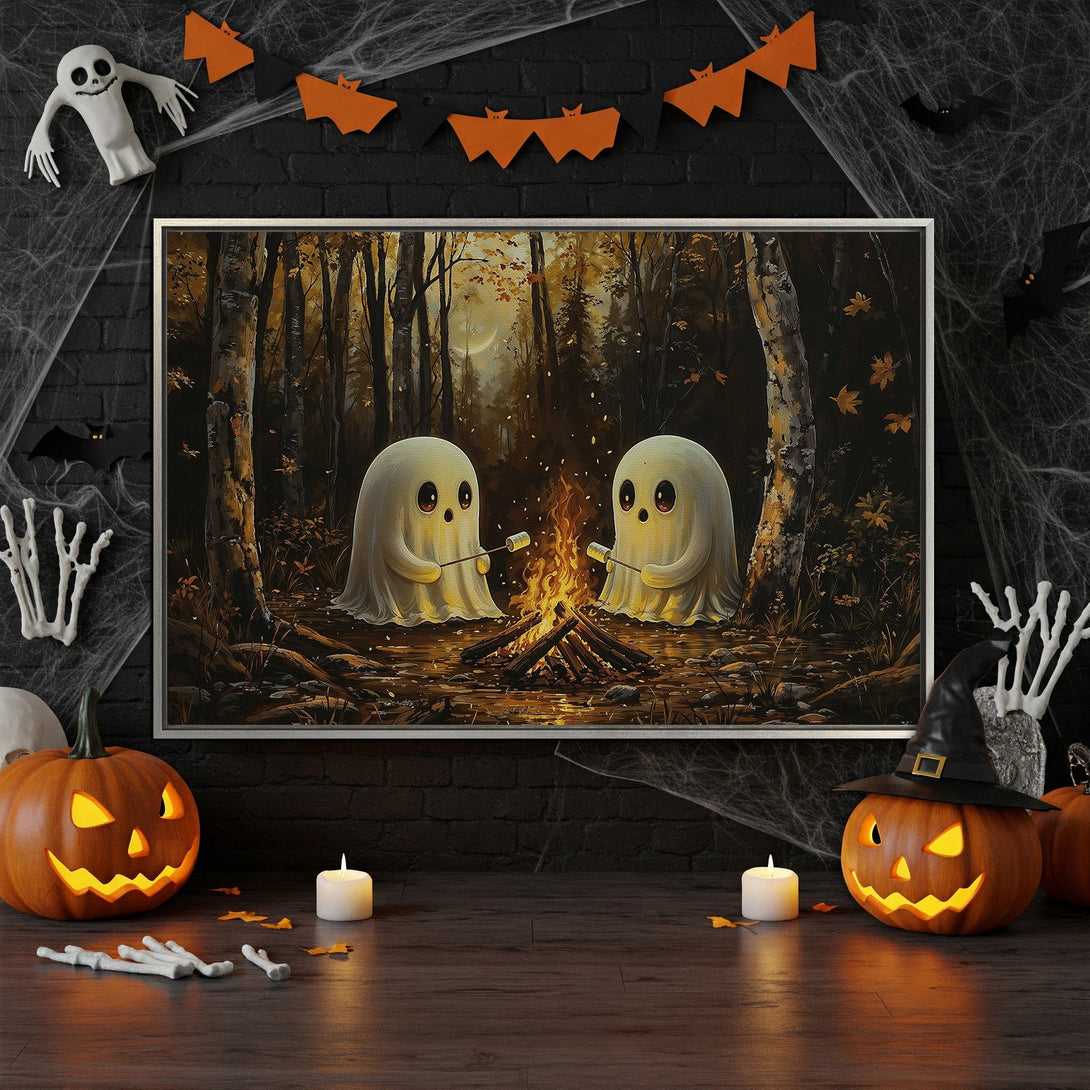 Framed Wall Art: Halloween-themed canvas print of cute ghosts roasting marshmallows in a forest. Warm, autumnal color palette. Perfect for spooky decor.