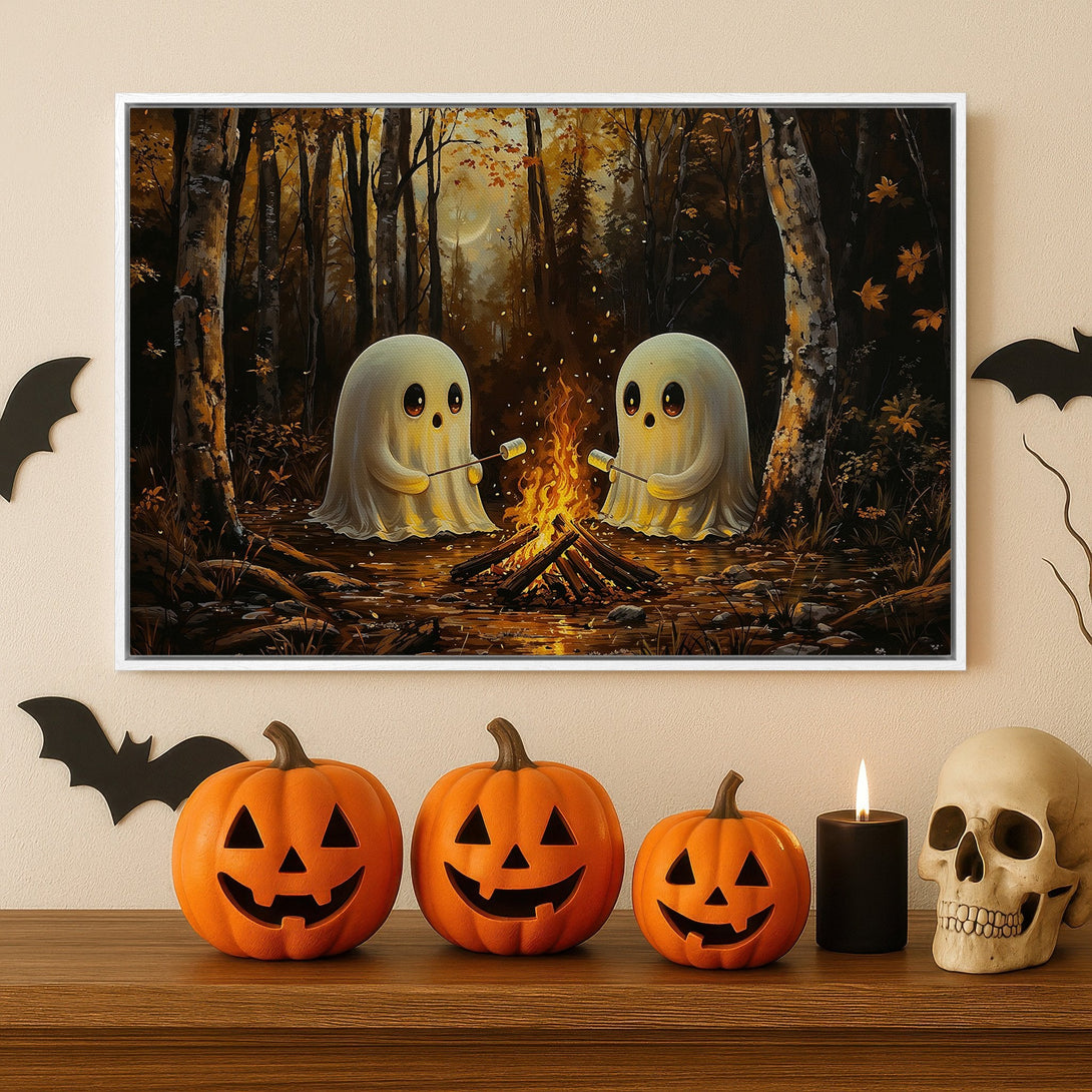Framed Wall Art: Spooky Halloween scene with ghosts roasting marshmallows by a campfire in a dark forest, warm autumn color palette. Perfect for fall decor!