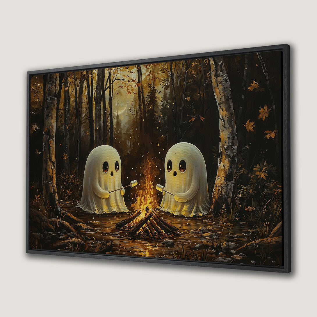 Canvas Print of two friendly ghosts roasting marshmallows by a campfire in a whimsical forest scene, warm autumnal color palette.