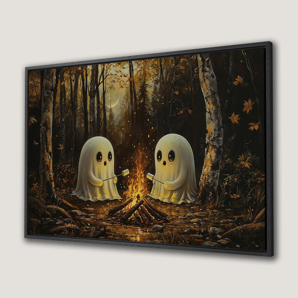 Canvas Print of two friendly ghosts roasting marshmallows by a campfire in a whimsical forest scene, warm autumnal color palette.