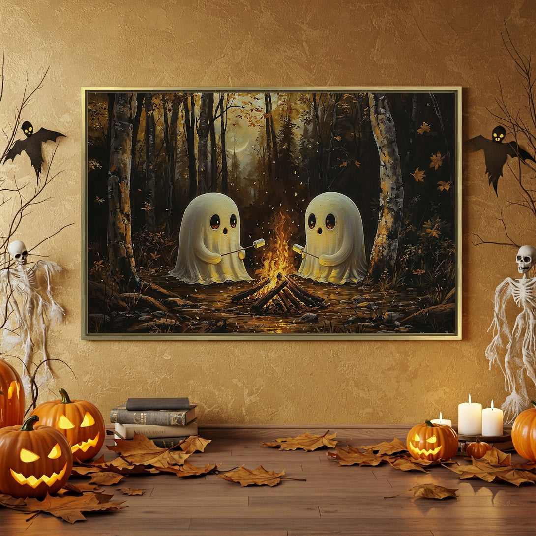 Canvas Print: Spooky Halloween art featuring adorable ghosts roasting marshmallows. Warm, autumnal color palette perfect for seasonal decor.