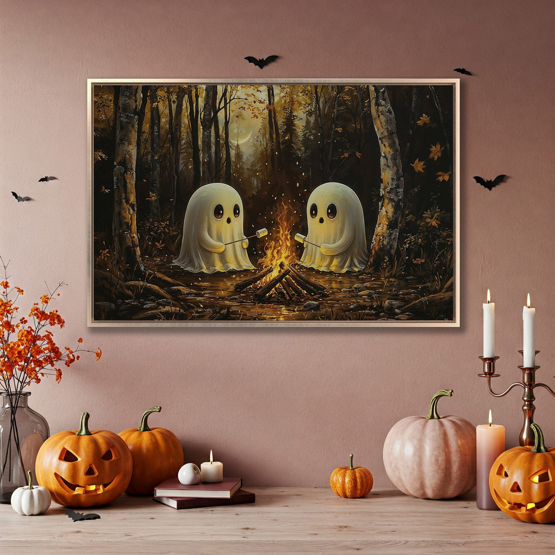 Framed Wall Art: Spooky Halloween scene with ghosts roasting marshmallows, warm autumnal color palette, perfect for seasonal decor.