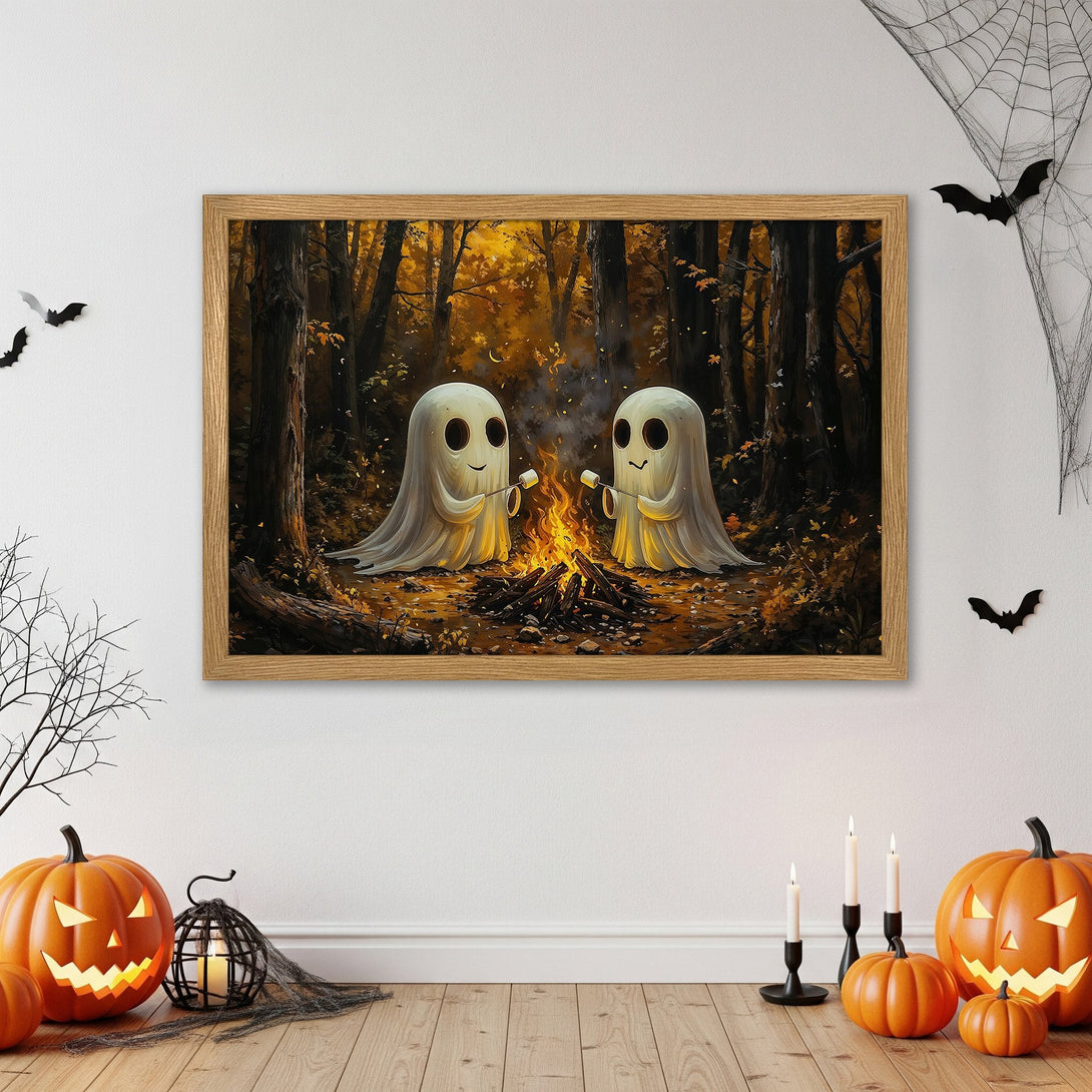 Framed Poster featuring cute ghosts roasting marshmallows by a campfire in a forest. Warm autumn color palette, perfect Halloween decor.