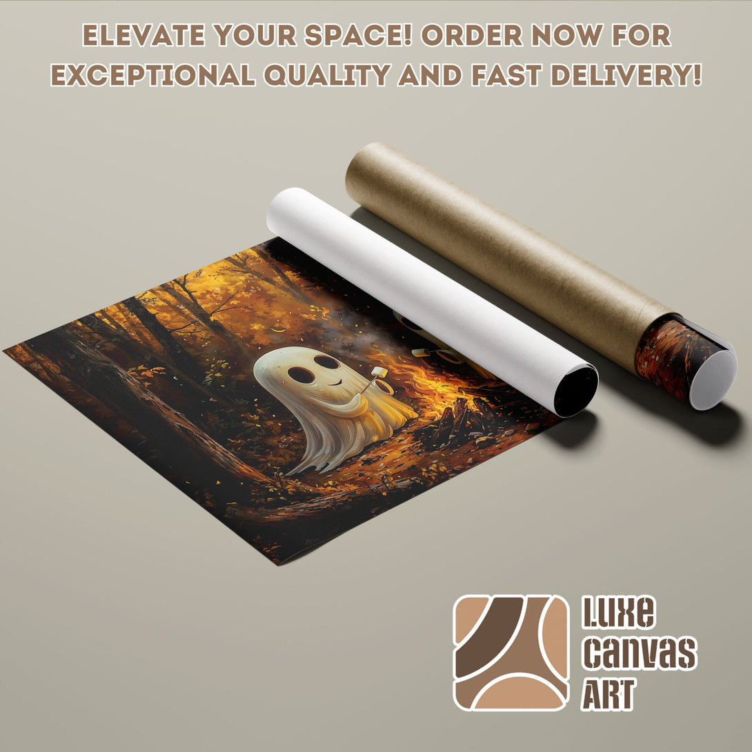 Poster Roll featuring a cute ghost in a warm, autumn forest scene. Rich orange & brown palette.