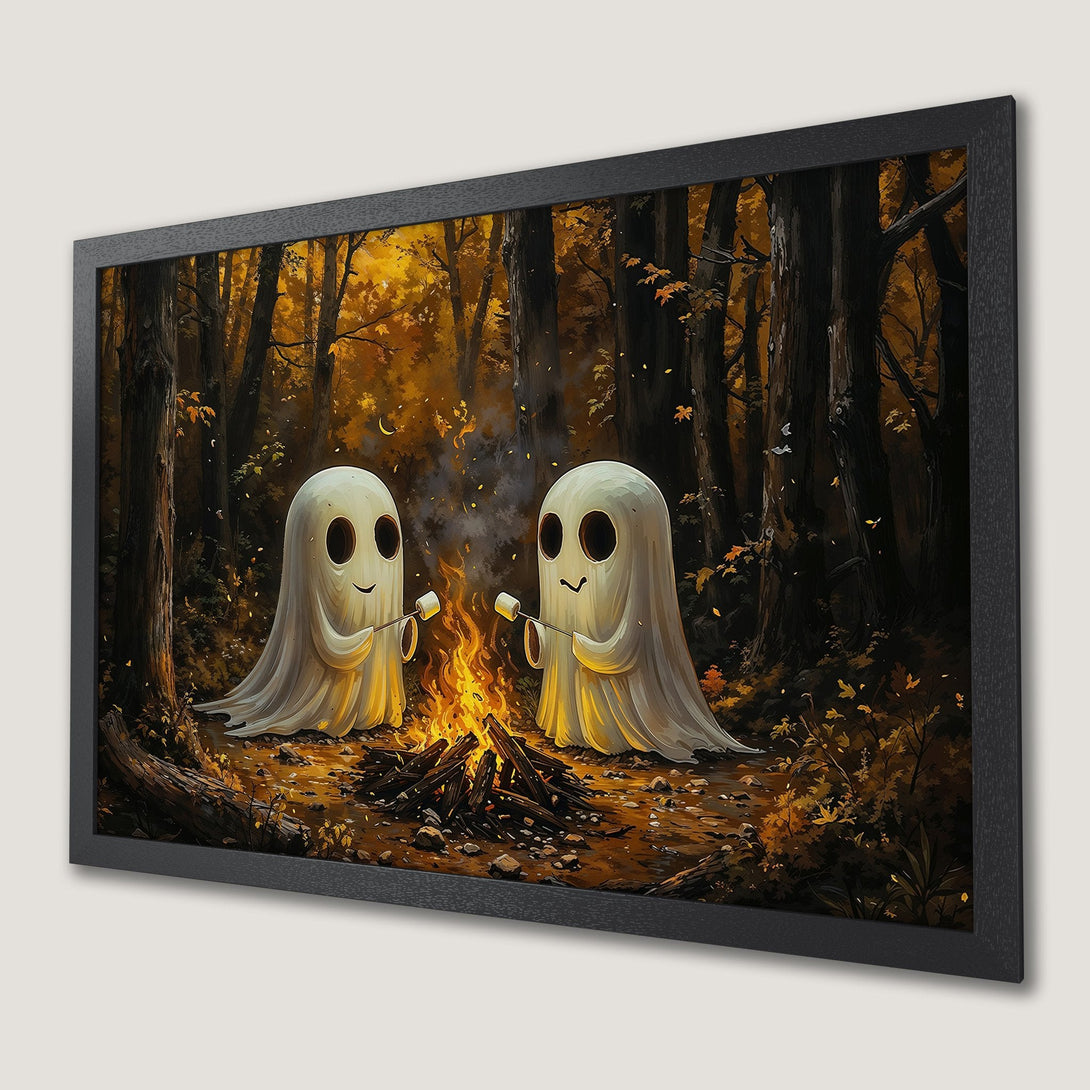 Framed Poster featuring adorable ghosts roasting marshmallows by a campfire in a whimsical forest scene with warm autumn colors.