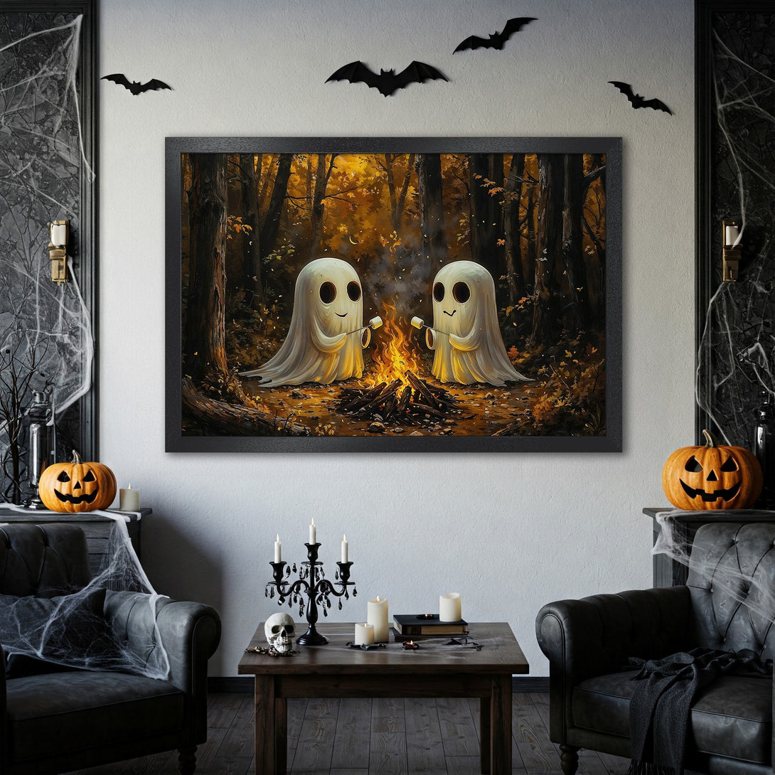 Framed Poster featuring two friendly ghosts roasting marshmallows by a campfire in a forest, warm autumn color palette, perfect Halloween decor.
