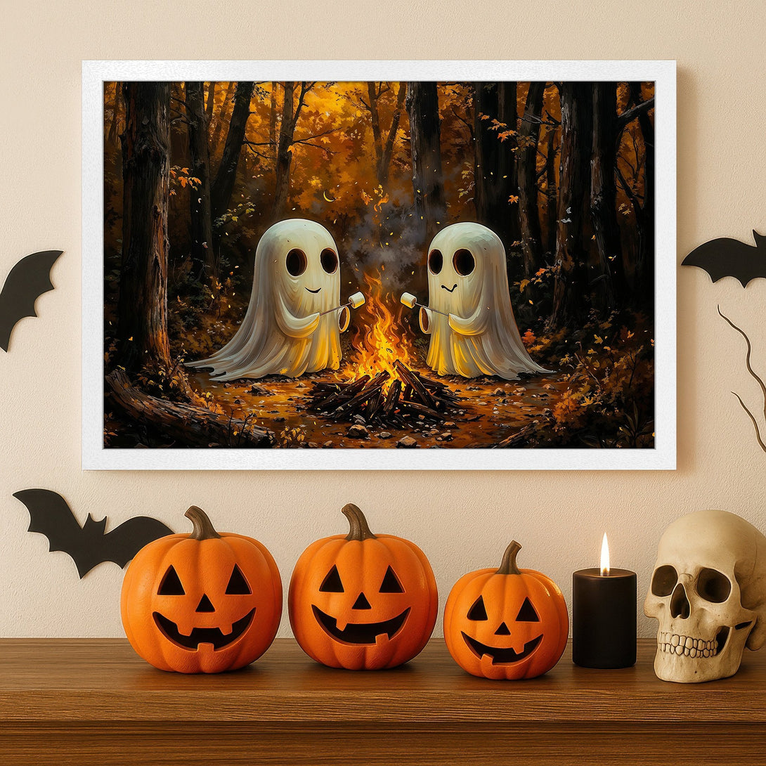 Framed Poster: Halloween ghosts roasting marshmallows by a campfire in an autumn forest, warm orange & brown palette. Spooky wall art.