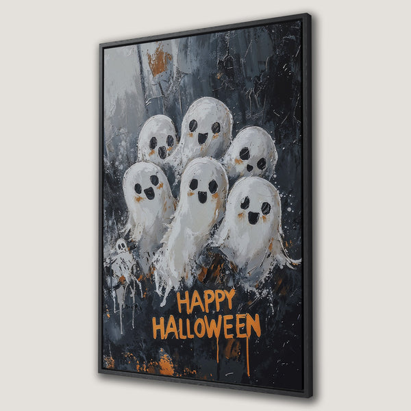 Framed Wall Art: Happy Halloween ghost painting. Abstract style with white, black, and orange color palette. Perfect spooky decor for your home!