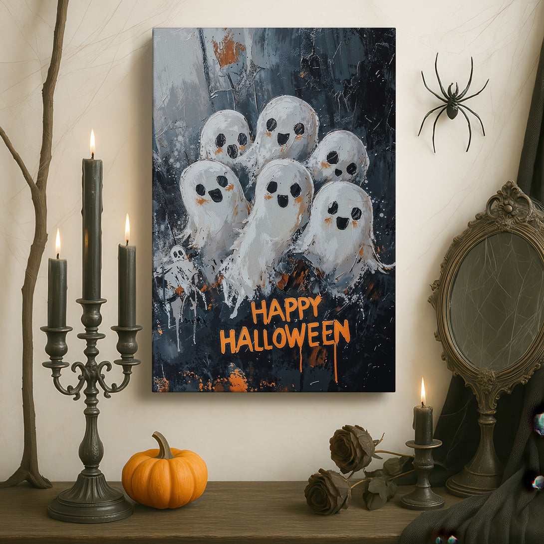 Framed Wall Art: Spooky Halloween ghost painting in a dark, moody interior. Features a black, white, and orange color palette. Perfect for Halloween decor!