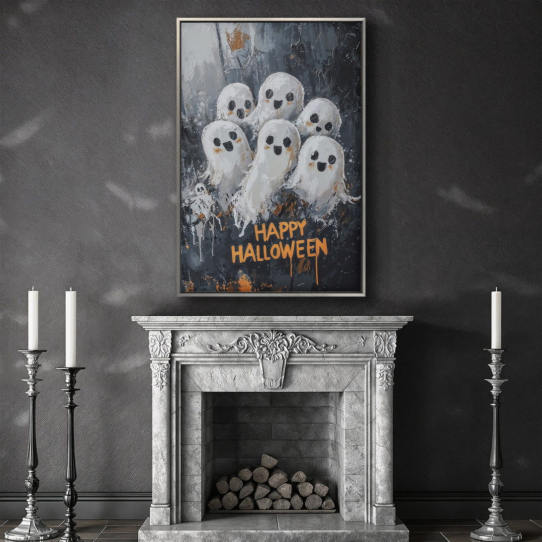 Framed Wall Art: Happy Halloween ghost painting in a dark, moody style. Features a black, white, and orange color palette, perfect for spooky decor.