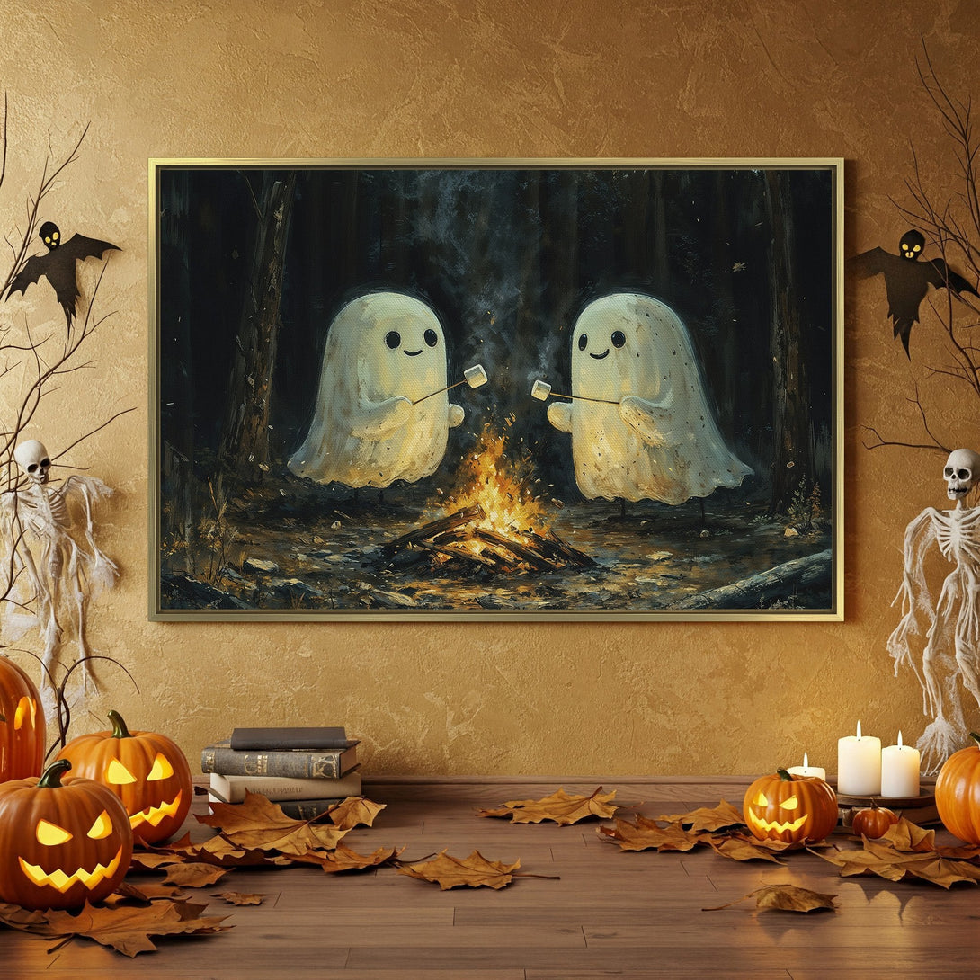 Halloween Canvas Print featuring cute ghosts roasting marshmallows by a campfire. Rustic style with orange, black, and neutral tones for spooky decor.