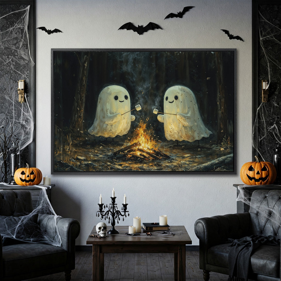 Framed Wall Art: Adorable ghost painting in a dark forest scene with warm, inviting colors. Perfect Halloween decor for a cozy, spooky vibe.