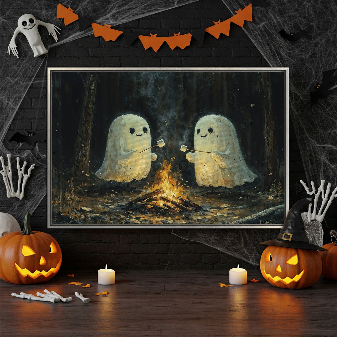 Framed Wall Art: Spooky Halloween scene with cute ghosts roasting marshmallows by a campfire. Dark, warm color palette. Perfect for Halloween decor!