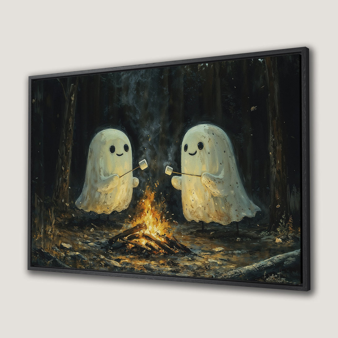 Framed Wall Art: Adorable ghosts roasting marshmallows by a campfire in a dark forest. Whimsical illustration with warm, inviting colors. Perfect Halloween decor!