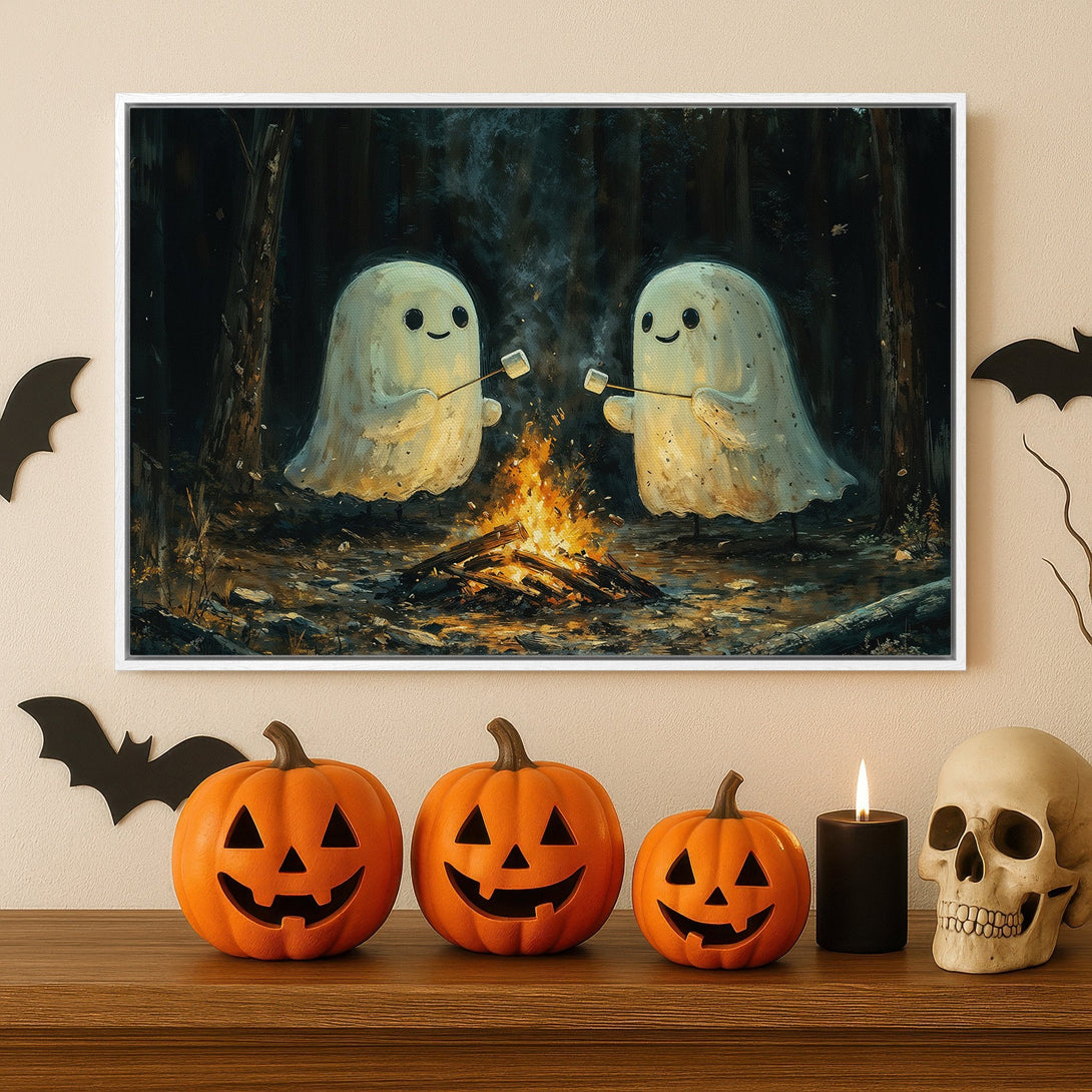 Framed Wall Art: Adorable ghosts roasting marshmallows by a campfire. Dark, moody color palette. Perfect Halloween decor!