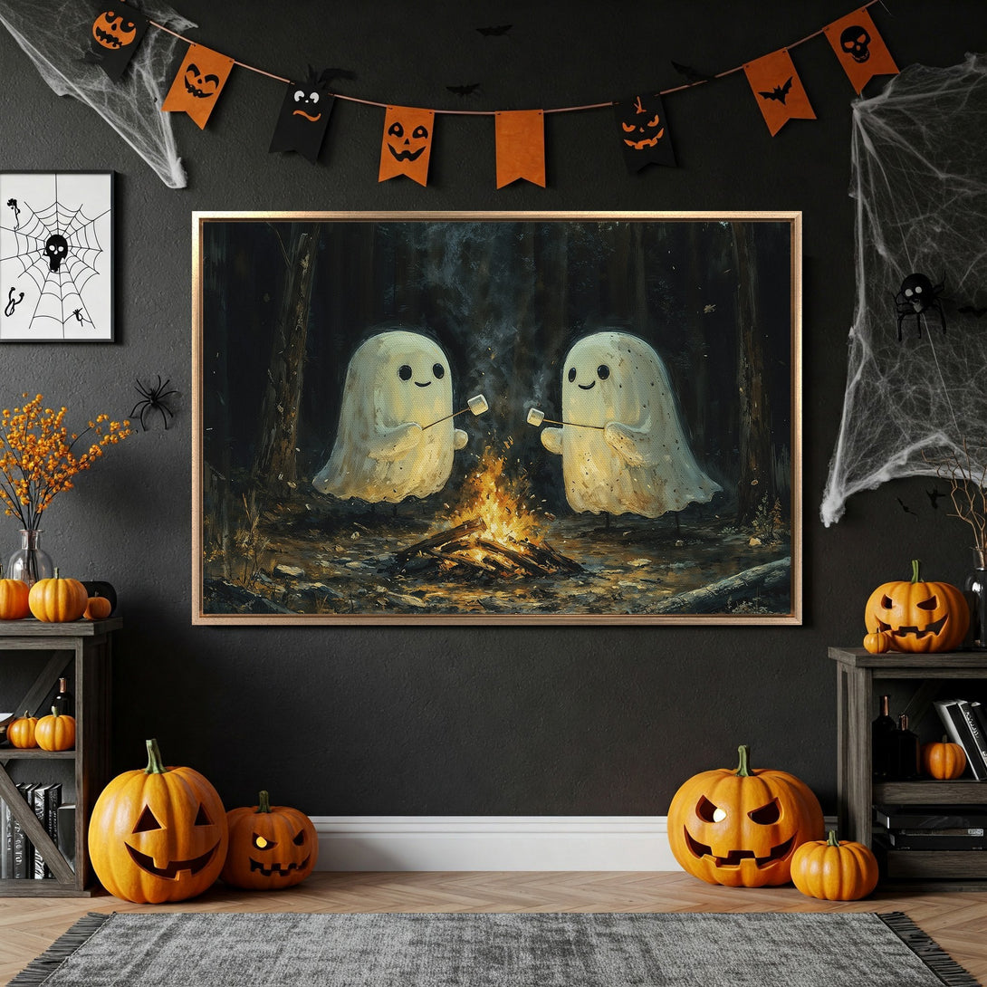 Framed Wall Art: Spooky Halloween scene with ghosts roasting marshmallows. Warm, inviting color palette. Perfect for seasonal decor.