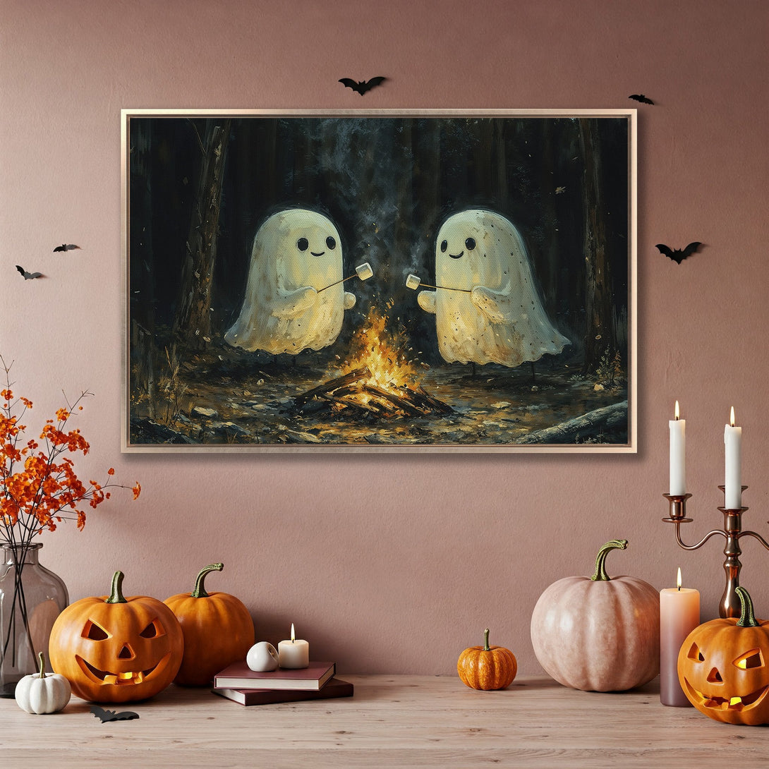 Framed Wall Art: Adorable Halloween ghosts roasting marshmallows. Whimsical illustration in a warm, autumnal color palette. Perfect spooky season decor!
