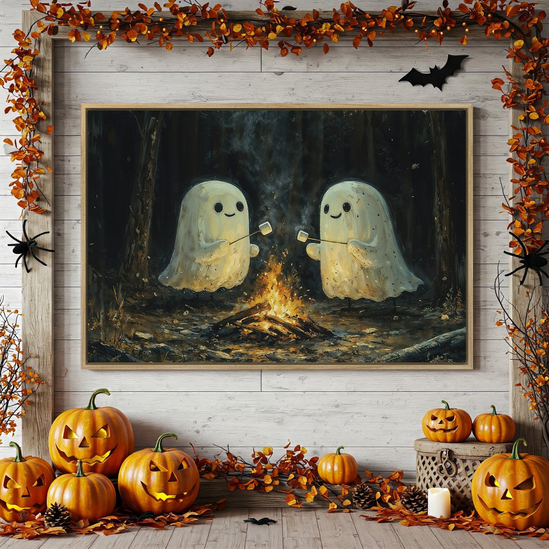 Framed Wall Art: Adorable ghost painting with warm campfire scene. Perfect Halloween decor in a cozy, autumnal color palette. Add spooky charm to your home!