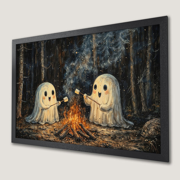 Framed Poster featuring adorable ghosts roasting marshmallows by a campfire in a whimsical, dark forest scene. Warm color palette. Perfect Halloween decor!