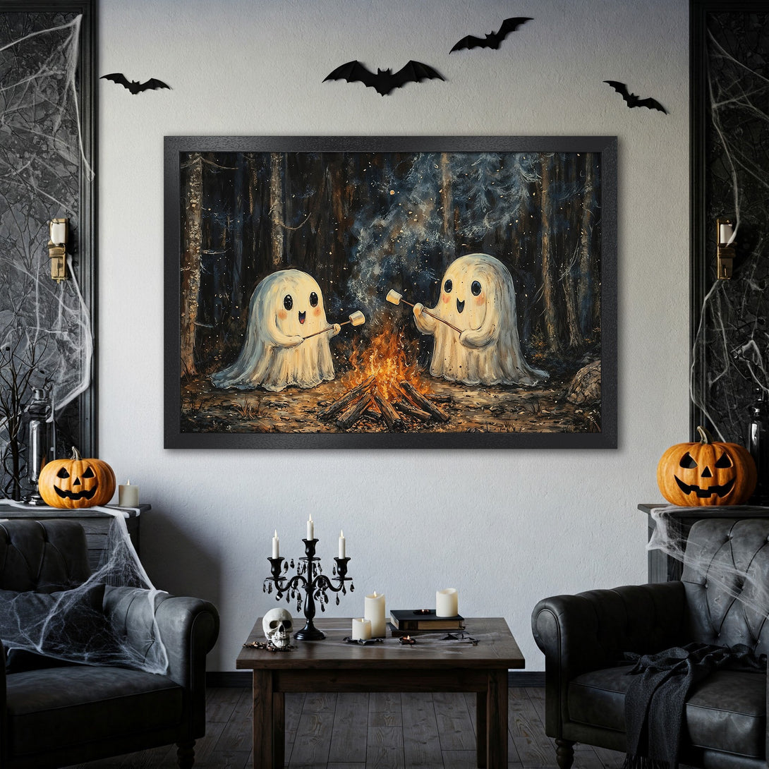 Framed Poster featuring cute ghosts roasting marshmallows by a campfire in a dark forest, perfect for Halloween decor. Warm color palette.
