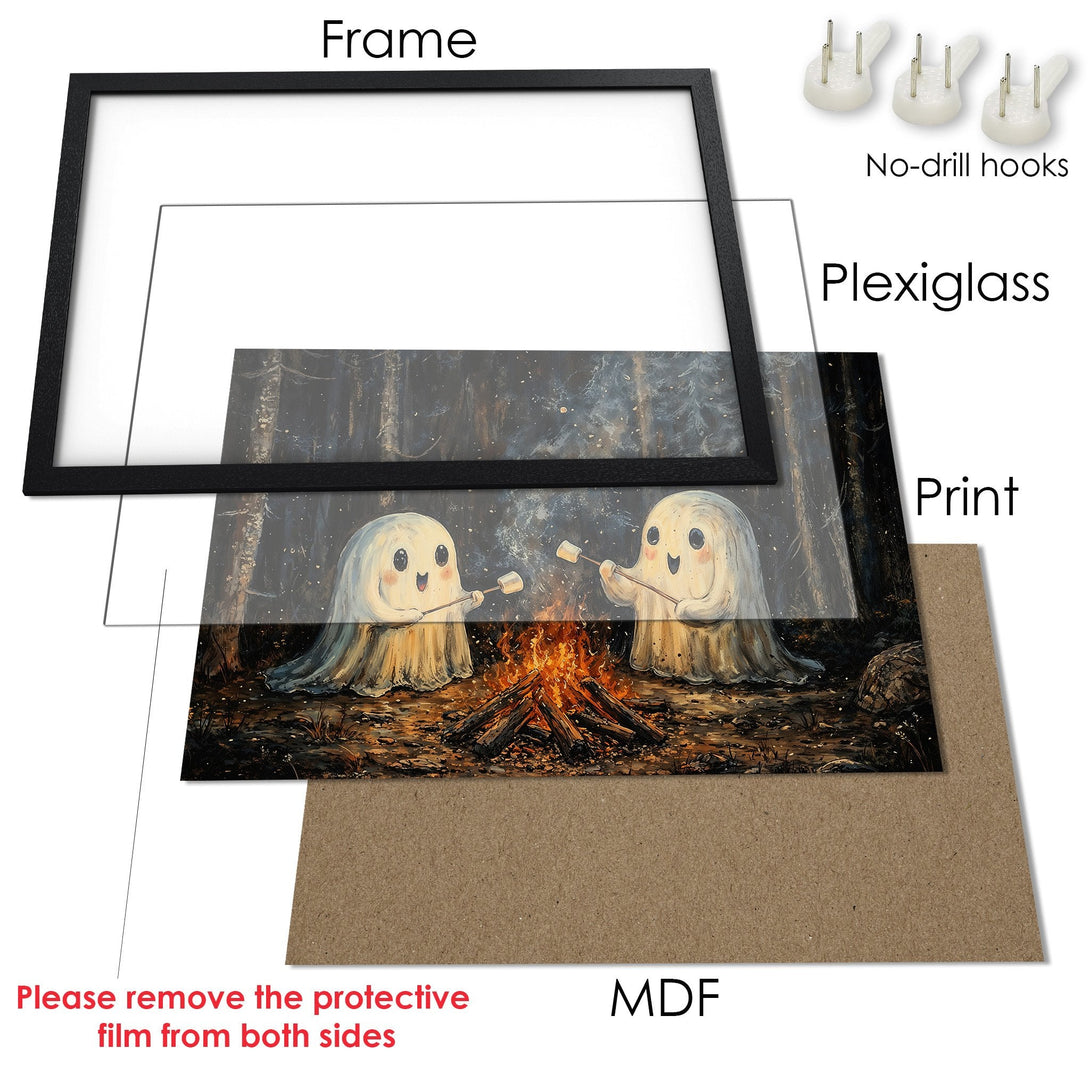 Framed Poster featuring cute ghost characters by a campfire. Dark, whimsical style with warm orange & cool blue tones. Perfect Halloween decor!