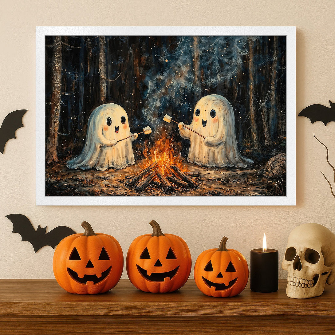 Framed Poster featuring cute ghosts roasting marshmallows by a campfire in a dark forest, warm color palette, perfect Halloween decor.