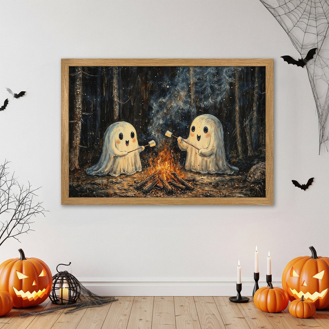 Framed Poster featuring cute ghosts roasting marshmallows by a campfire, in a whimsical style with a dark, warm color palette. Halloween decor.