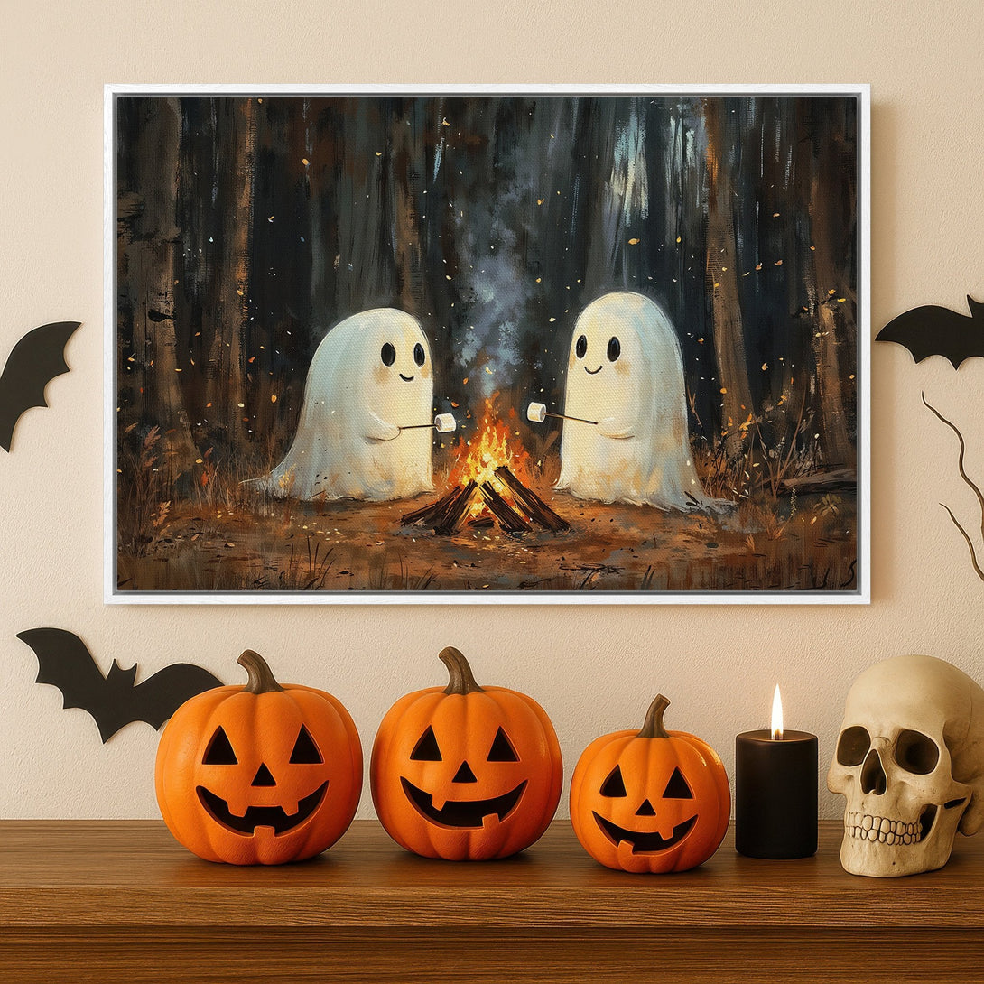 Framed Wall Art: Adorable ghosts roasting marshmallows by a campfire. Halloween-themed canvas print in warm, earthy tones. Perfect spooky decor!