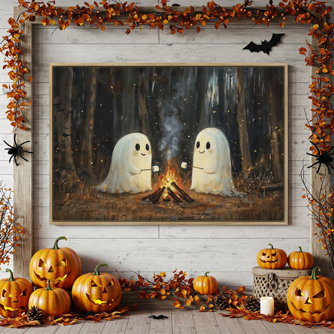 Framed Wall Art: Cute ghost campfire scene in dark forest. Autumnal color palette. Perfect Halloween decor.