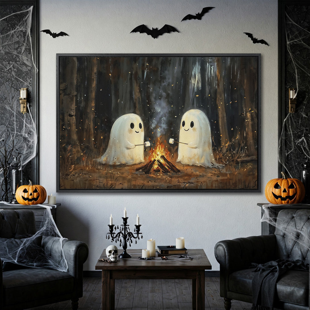 Framed Wall Art: Cute ghost print in a spooky forest, perfect Halloween decor. Warm color palette with black frame, a cozy and fun addition to your home.