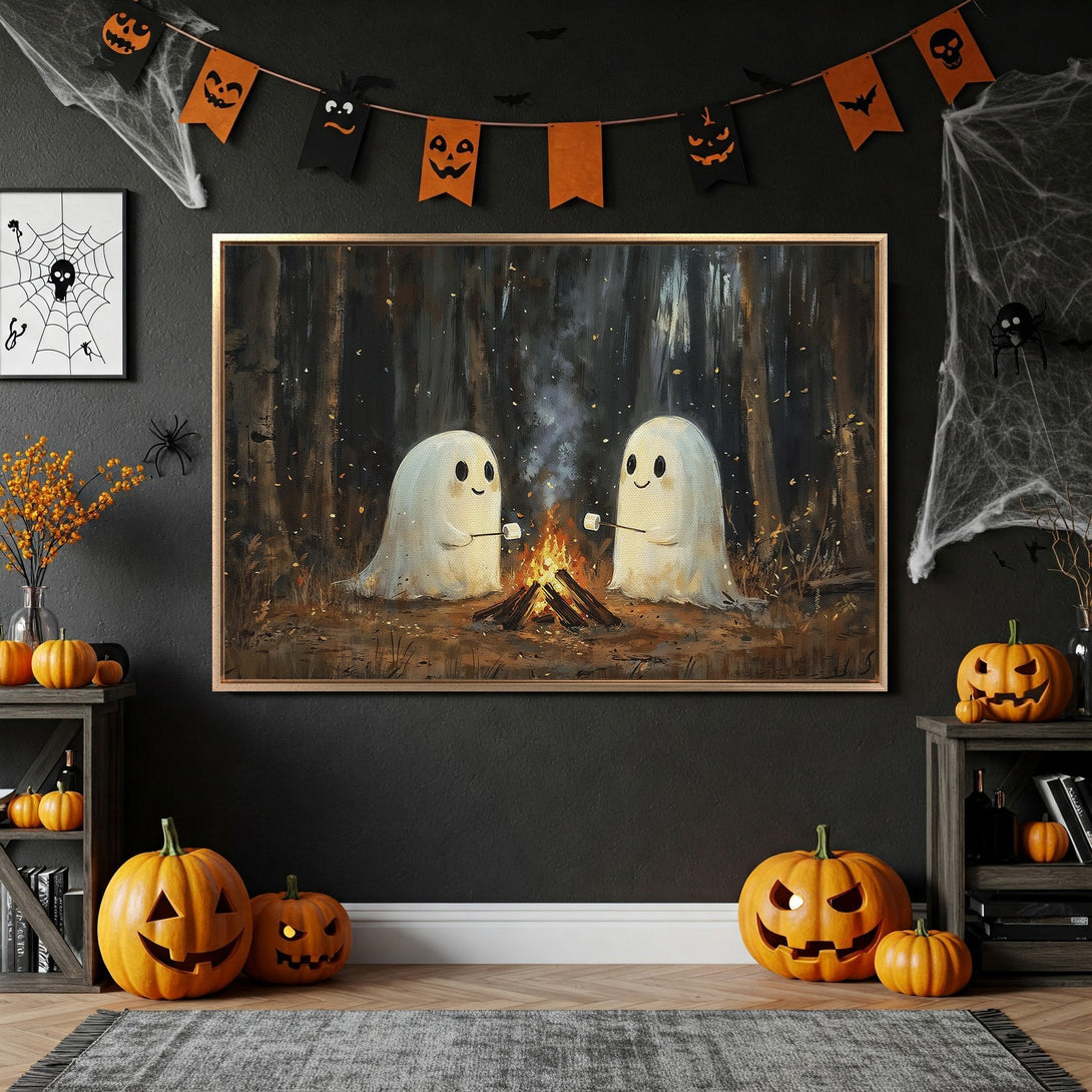 Framed Wall Art: Adorable ghost friends roasting marshmallows by a campfire. Perfect Halloween decor! Warm, inviting color palette.