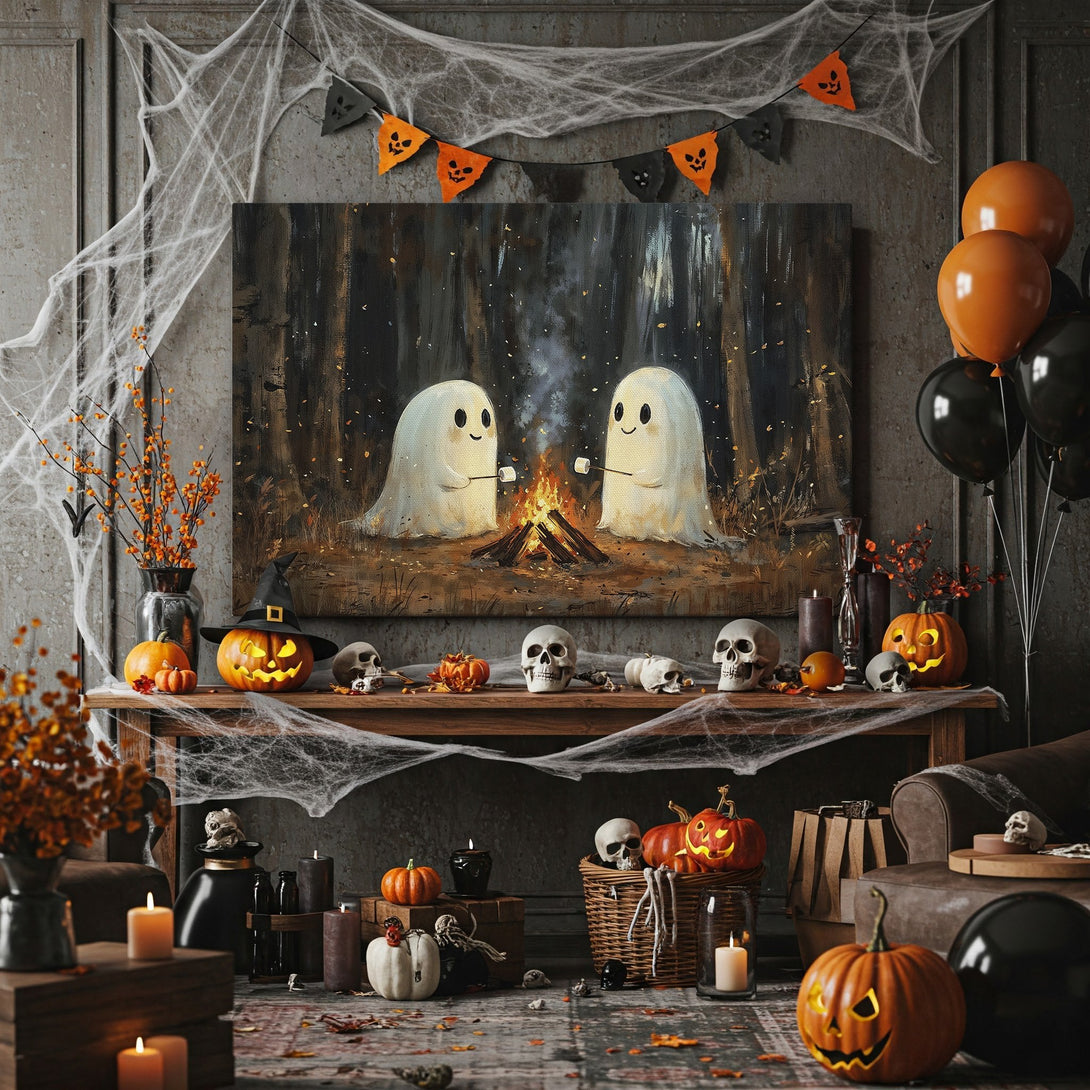 Framed Wall Art: Adorable Halloween ghosts roasting marshmallows by a campfire. Warm, autumnal palette with dark forest background. Perfect for spooky decor!