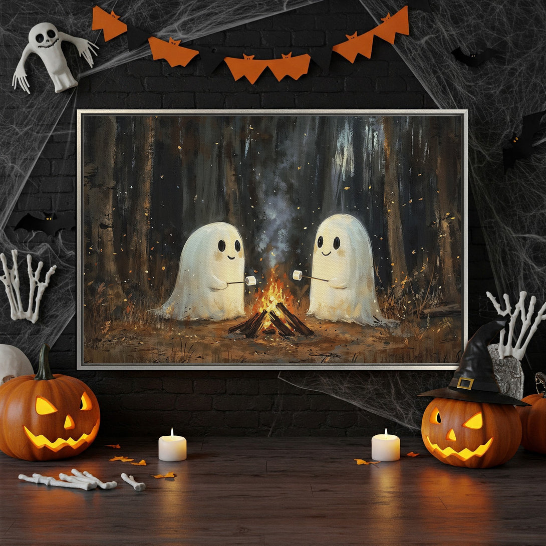 Framed Wall Art: Adorable Halloween ghosts roasting marshmallows by a campfire. Warm, autumnal color palette. Perfect for spooky season decor!