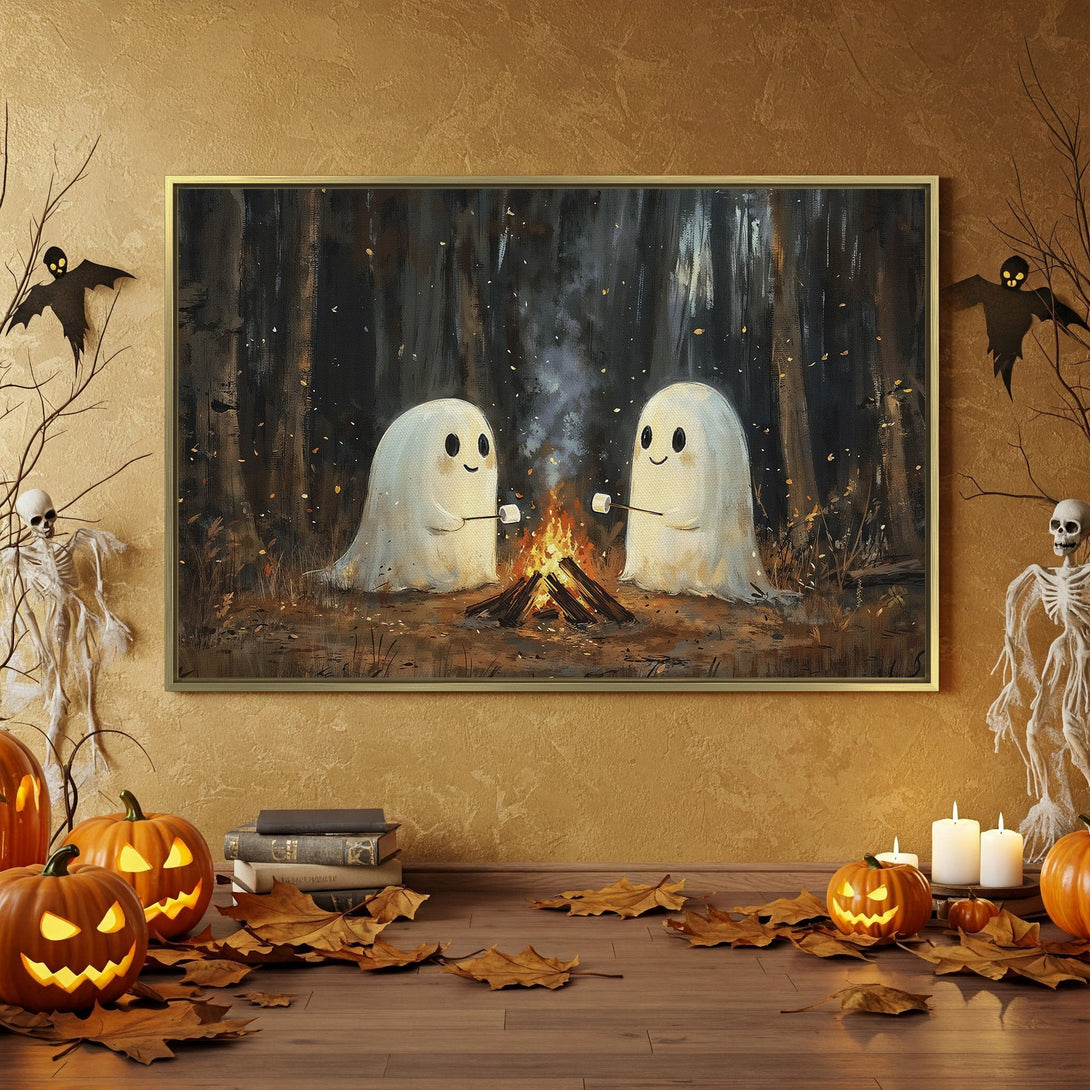 Canvas Print: Spooky Halloween art featuring friendly ghosts around a campfire. Warm orange and black palette, perfect for seasonal decor.