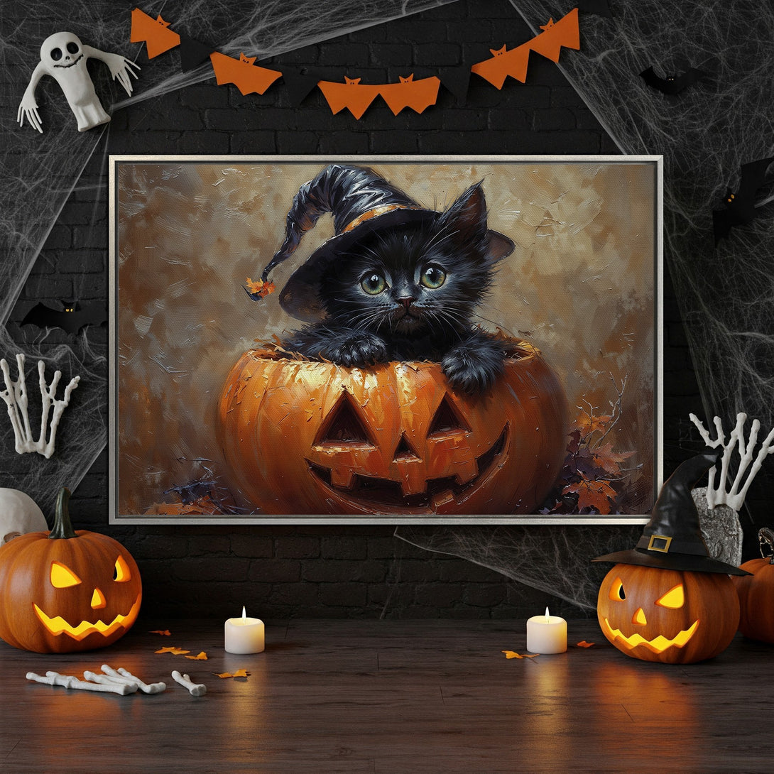 Framed Wall Art: Adorable black cat in a witch hat inside a pumpkin. Halloween-themed art with warm orange and black tones, perfect for seasonal decor.