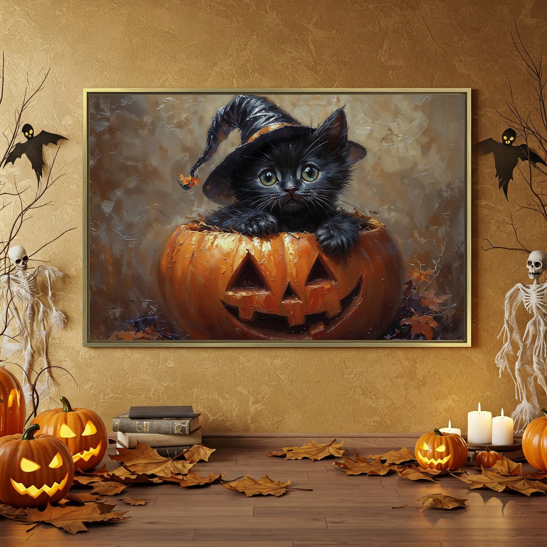 Halloween Canvas Print featuring a black kitten in a pumpkin, oil painting style, warm orange and black color palette, perfect for spooky decor.