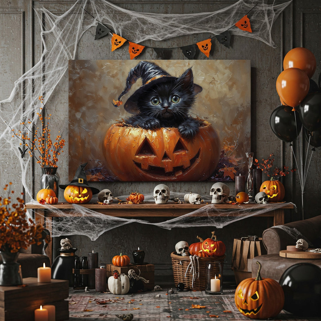 Framed Wall Art: Adorable black cat in a pumpkin, Halloween decor. Warm orange & brown tones. Perfect for autumn & spooky season!