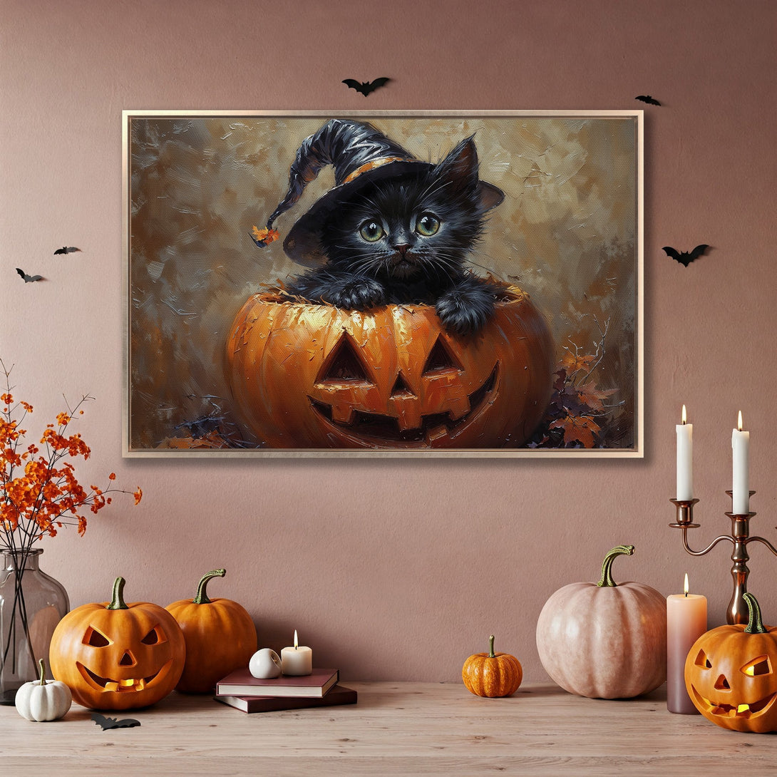 Framed Wall Art: Whimsical Halloween scene with a black cat in a pumpkin. Warm, autumnal color palette. Perfect for seasonal decor.