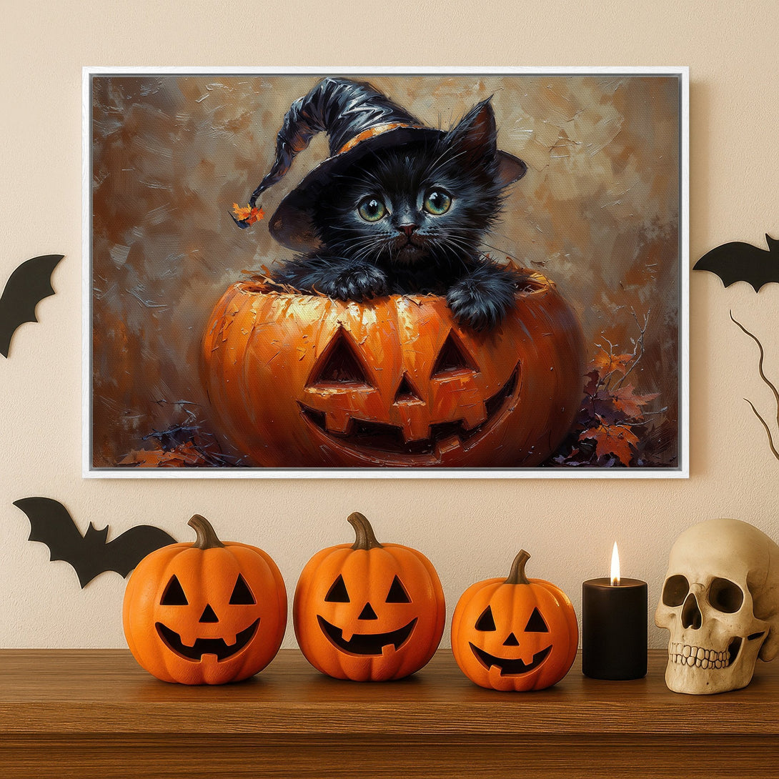 Framed Wall Art: Adorable Halloween kitten in a pumpkin. Warm orange, brown, and black color palette. Perfect spooky decor for your home!