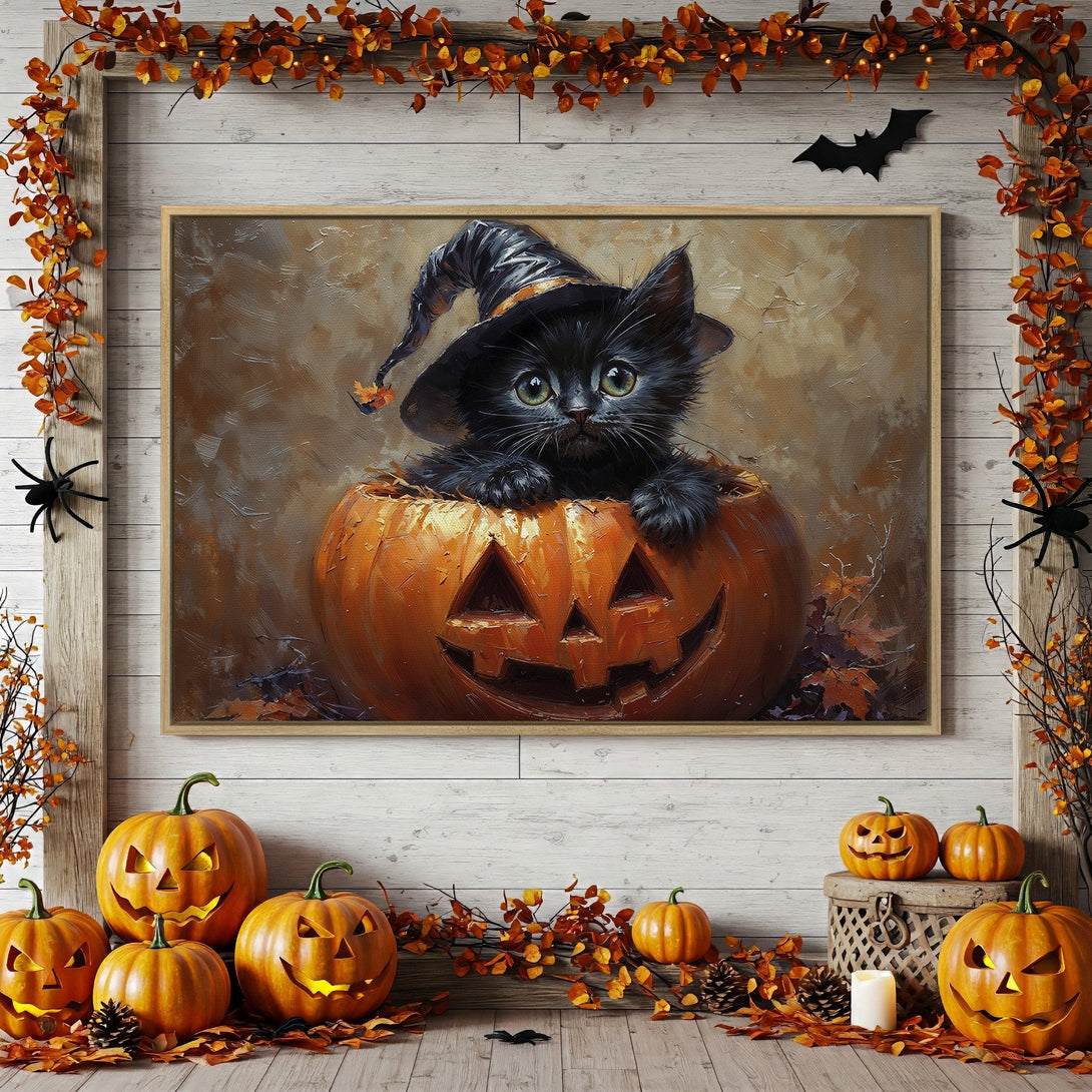 Framed Wall Art: Adorable black cat in witch hat inside a pumpkin. Warm autumn color palette, perfect Halloween decor.
