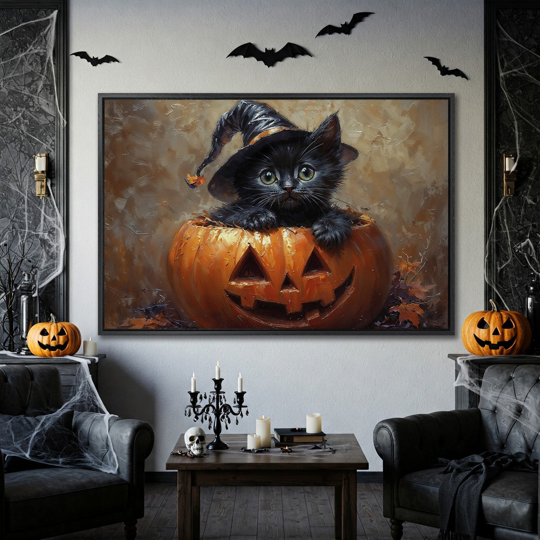 Framed Wall Art: Adorable black cat in a witch hat inside a pumpkin. Warm orange and brown tones, perfect Halloween decor.