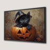 Cute Halloween Kitten Canvas Print with Witch Hat and Pumpkin