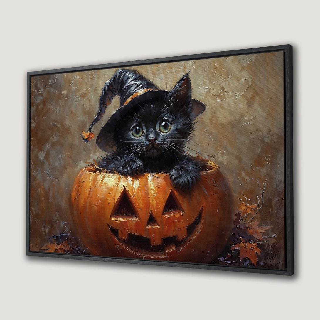 Framed Wall Art: Adorable black cat in a witch hat inside a jack-o'-lantern. Warm orange and brown tones create a cozy Halloween vibe. Perfect for fall decor!