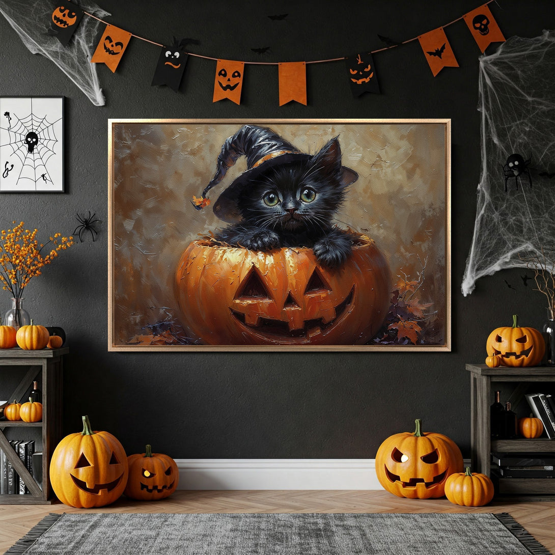 Framed Wall Art: Adorable black cat in a pumpkin. Halloween-themed artwork with warm orange and brown tones. Perfect for spooky season decor.